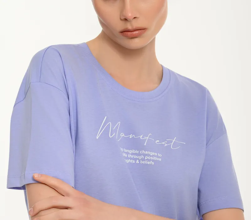 Γυναικείο κοντομάνικο crop top με τύπωμα manifest-thumbPicture-1