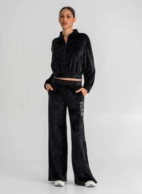Γυναικεία βελουτέ wide leg φόρμα με στρας